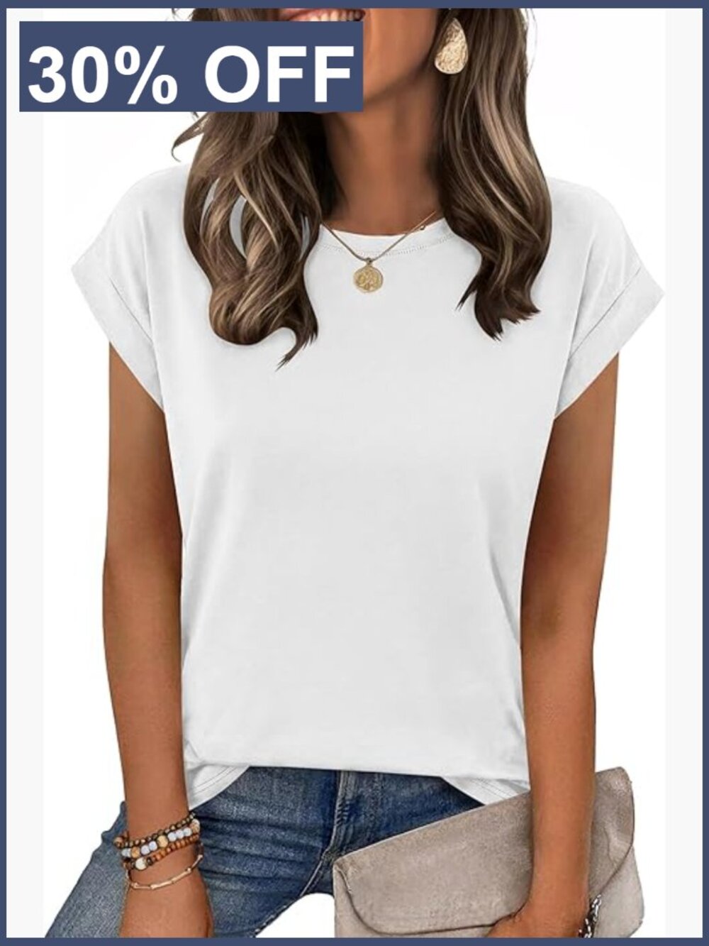 Cap Sleeve Crew Neck T-Shirt Relaxed Fit Polyester Blend Stretchable Medium